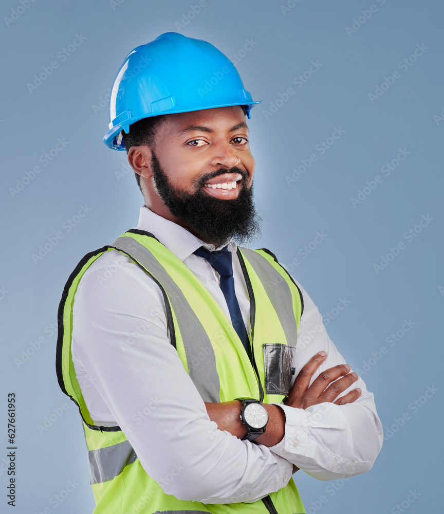 Construction, black man and portrait with arms crossed in studio for building inspection, engineerin