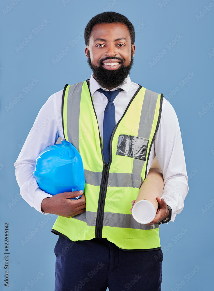 Happy black man, portrait and construction blueprint in studio for safety inspection, maintenance or