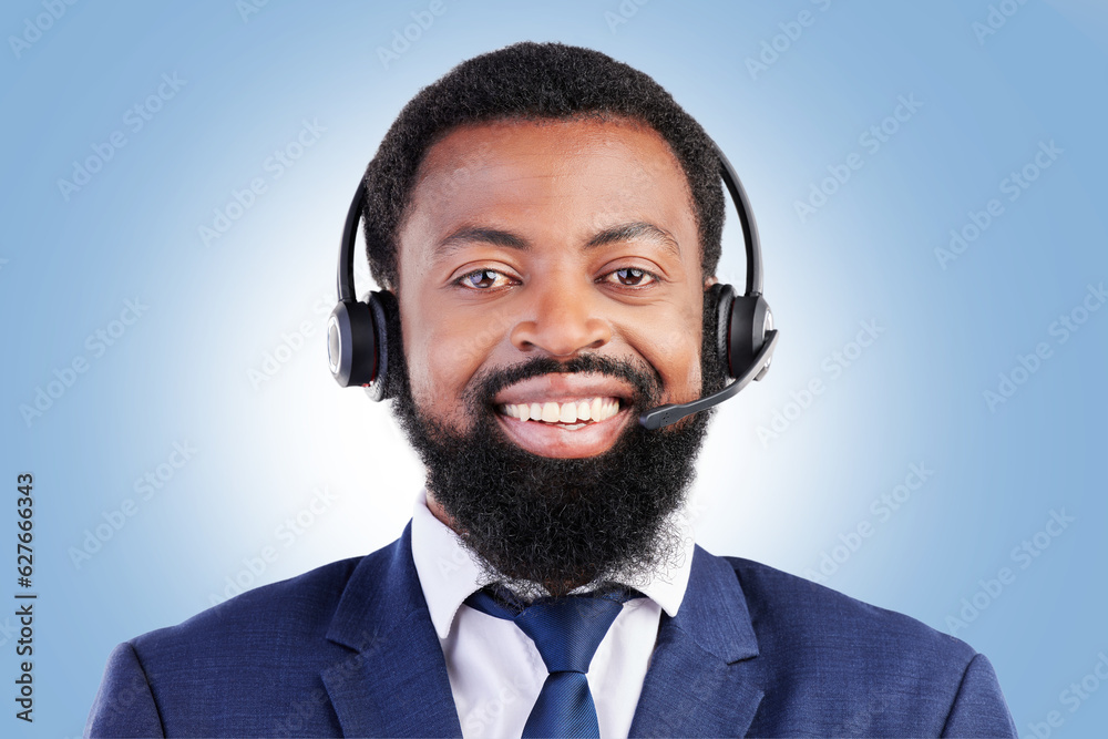 Customer service portrait, happy black man and business agent for consultation, help desk support or