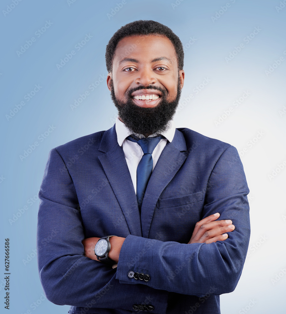 Happy, crossed arms and portrait of businessman in a studio with success, confidence and leadership.