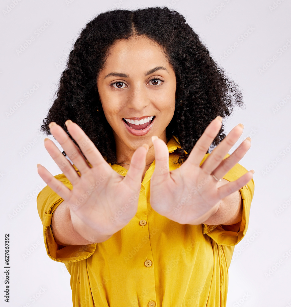 Hands, happy and portrait of a woman for presentation, showing fingers and counting on a studio back