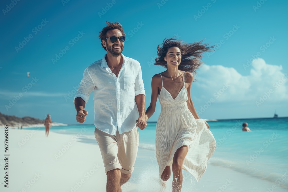 Happy couple running on the beach. Generative AI