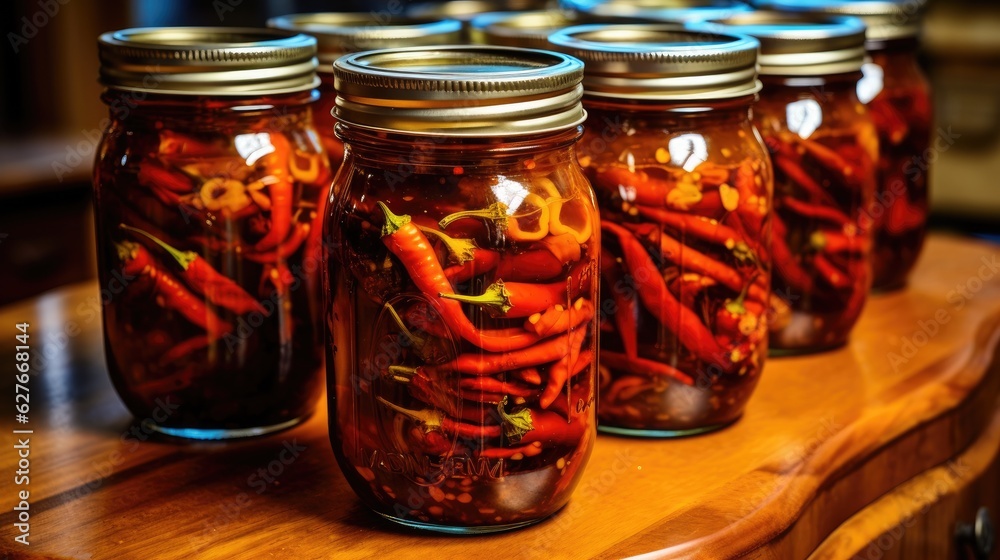 Sterilized chili peppers in a jar. Generative AI