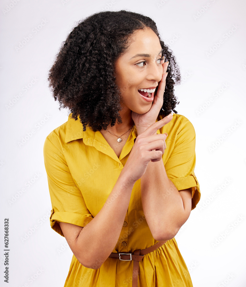 Wow, pointing and excited woman in studio with a surprise or advertising isolated on a white backgro