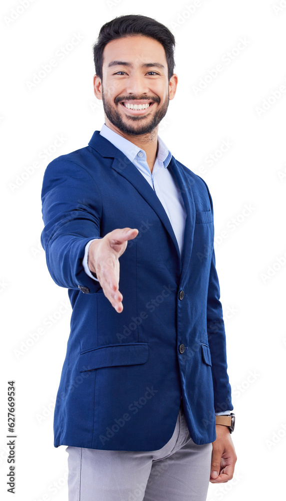 Happy businessman, portrait and handshake for hiring, job opportunity or meeting against a white stu