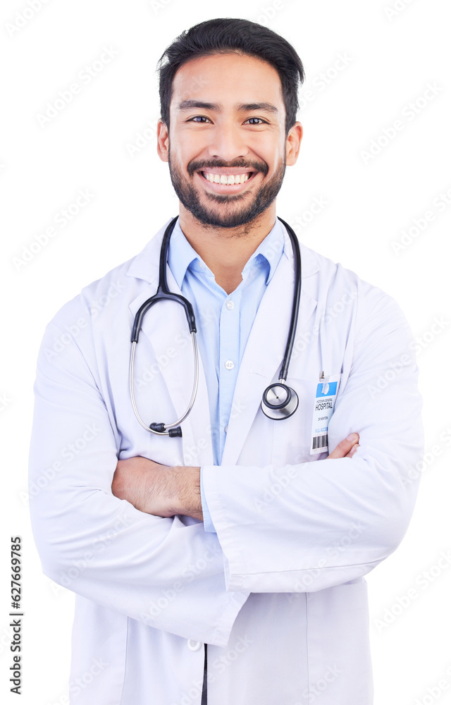 Man, doctor portrait and arms crossed with smile from healthcare and medical work in studio. Isolate