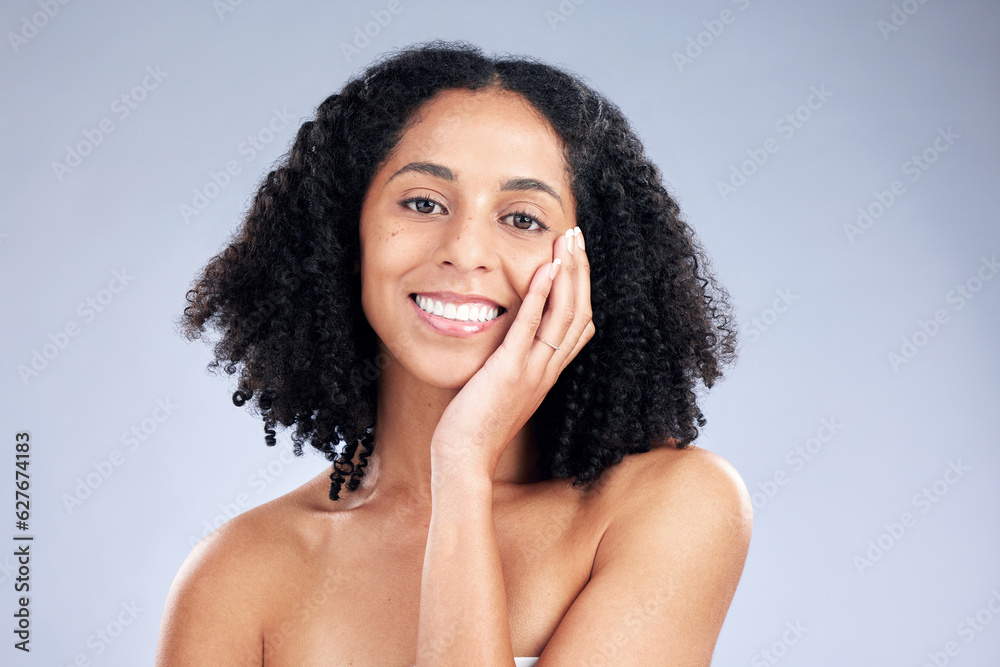 Smile, skincare and portrait of woman on a studio background for beauty or natural spa. Happy, facia