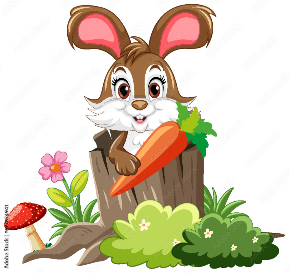 Cute Rabbit in Tree Hole with Carrot