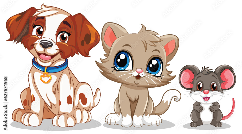 Playful Animal Friends with Cute Cartoon Dog, Cat and Mouse