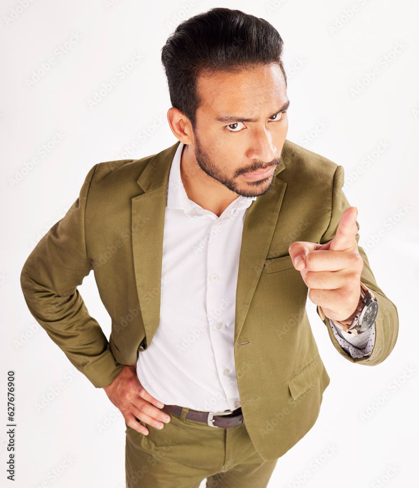 Portrait, blame and scolding with a business man in studio on a white background for discipline. Man