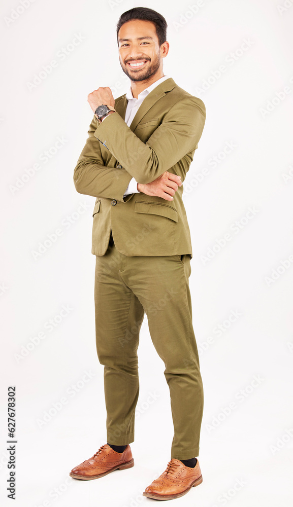 Professional, fashion and portrait of business man in studio with confidence, happiness and pride. C