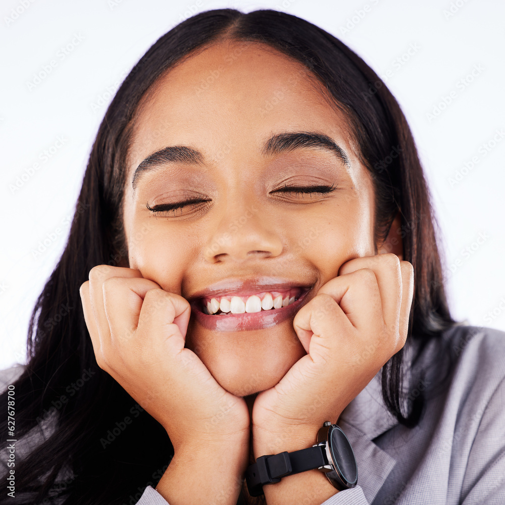 Smile, shy and hands on face of woman in studio for self love, thinking and memory against white bac