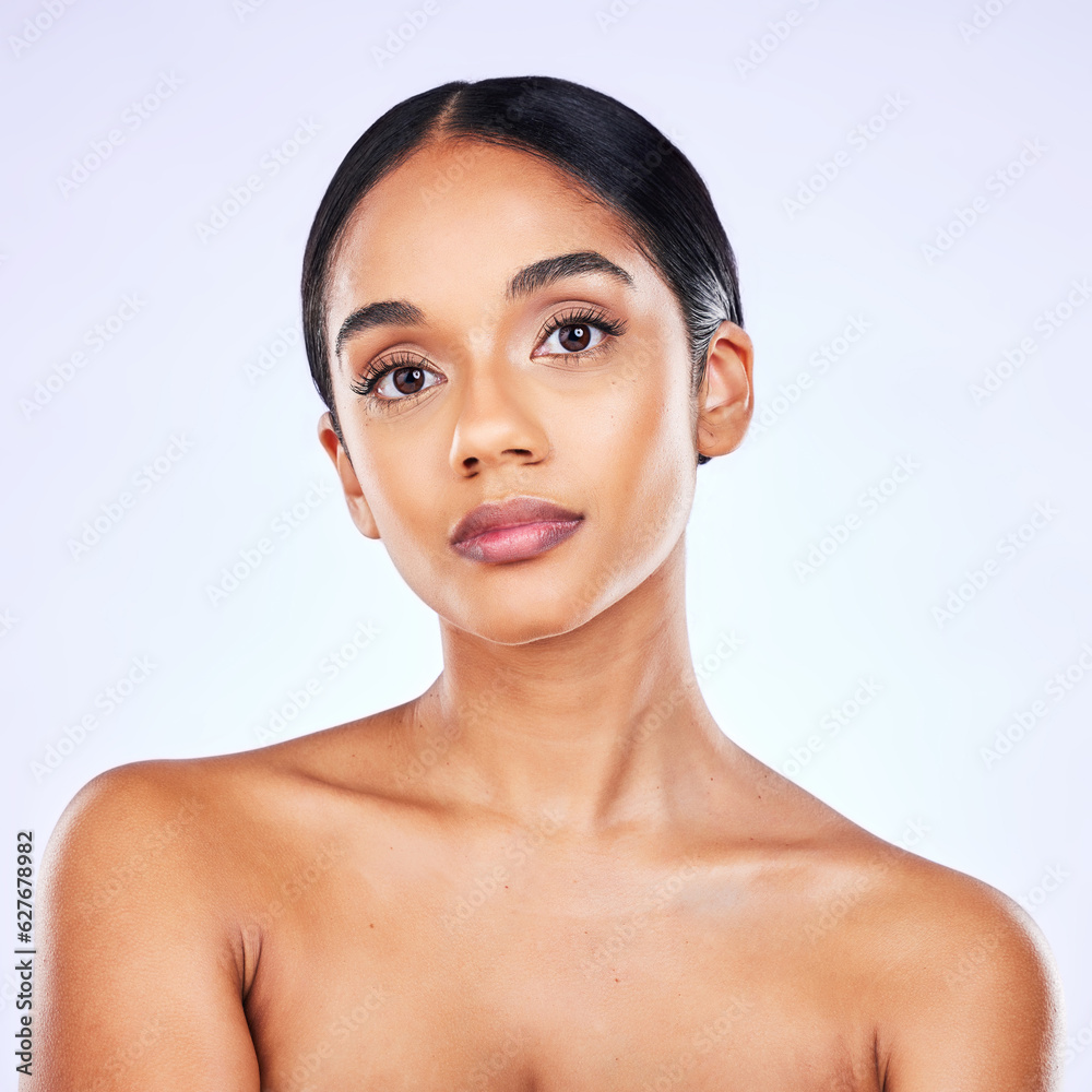 Beauty, skincare and cosmetics with portrait of woman in studio for makeup, glow and self care. Spa 