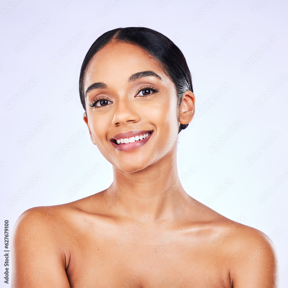 Portrait, beauty and skincare with a model woman in studio on a gray background for natural wellness