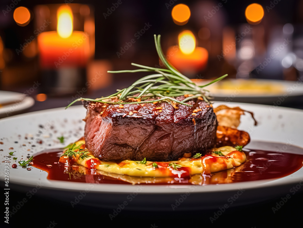 A piece of fried meat with lingonberry sauce on a plate in a restaurant.