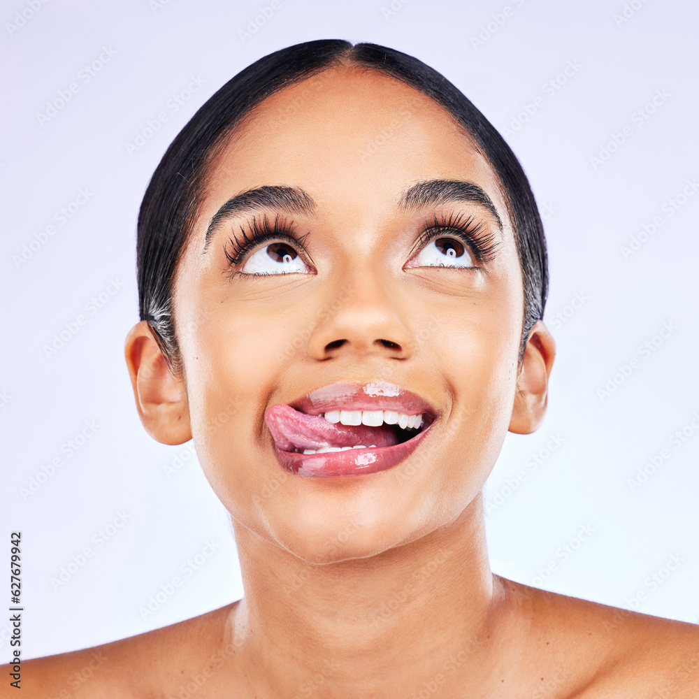 Makeup, tongue and face of woman in studio with eyelash, extensions and treatment on white backgroun