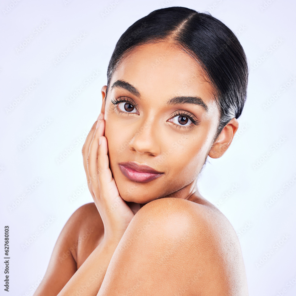 Beauty, makeup and cosmetics with portrait of woman in studio for skincare, glow and self care. Spa 