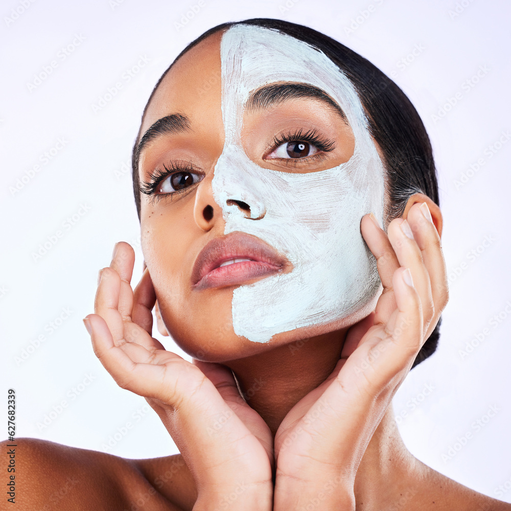 Portrait, face mask and woman in studio skincare, half and cosmetic treatment on grey background. Fa