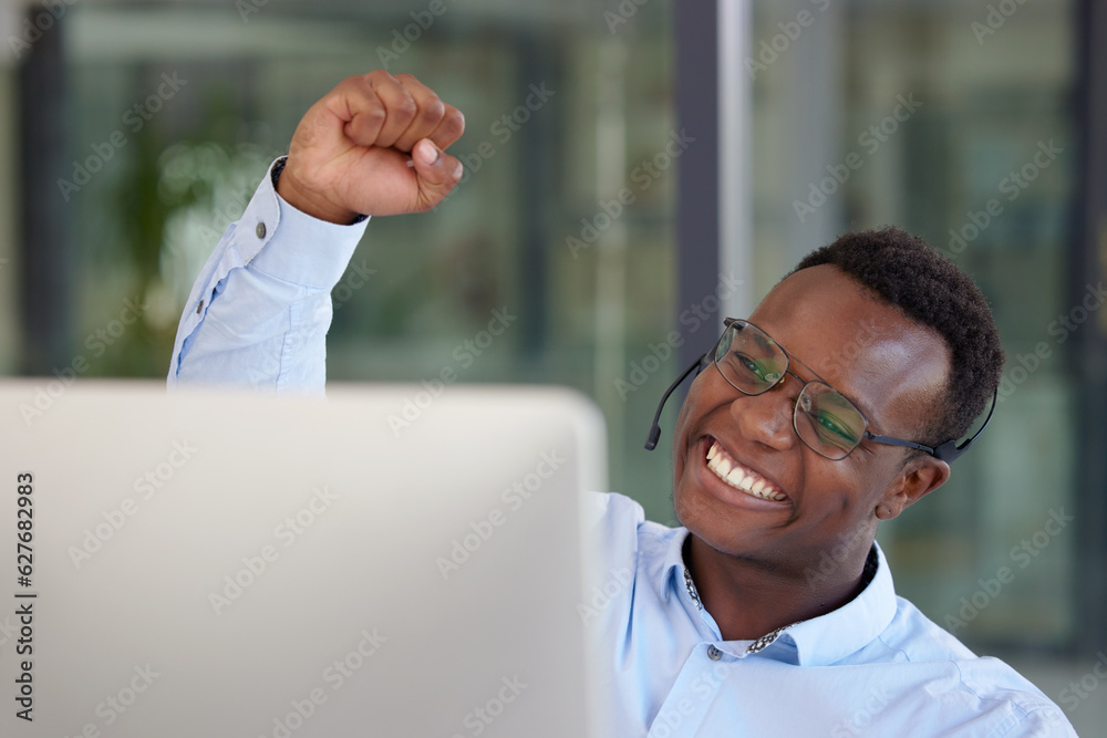 Winner, computer and call center with a black man cheering as a consultant in his customer service o