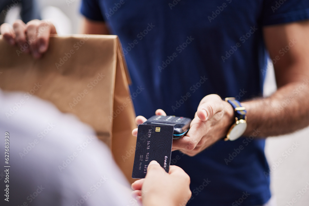 Hands, paper bag and delivery with credit card, payment and fintech for remote customer experience. 