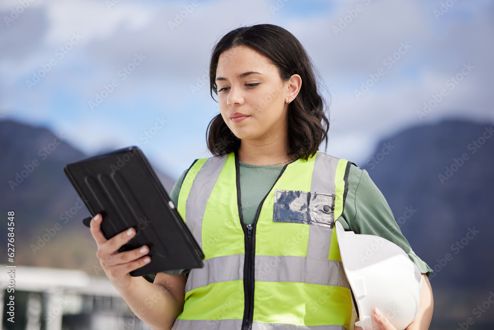 Thinking, engineering and woman with a tablet, outdoor and planning with renewable energy, safety an