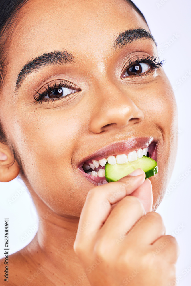 Portrait, cucumber and Indian woman in studio for health, diet and detox, nutrition or wellness. Fru