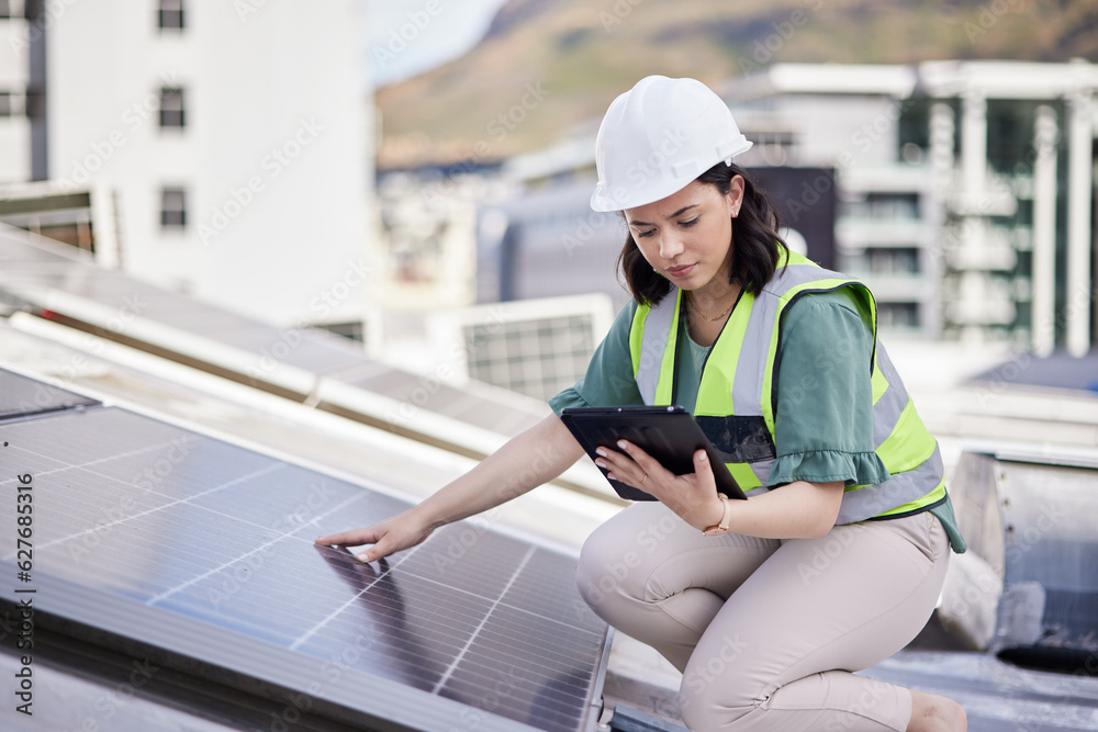 Solar panel, engineering ot woman with a tablet for planning, renewable energy or research. Connecti