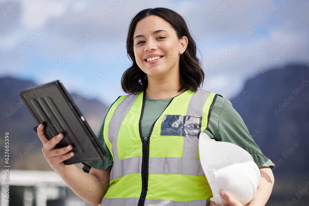 Portrait, engineering and woman with a tablet, outdoor and planning with website information, safety