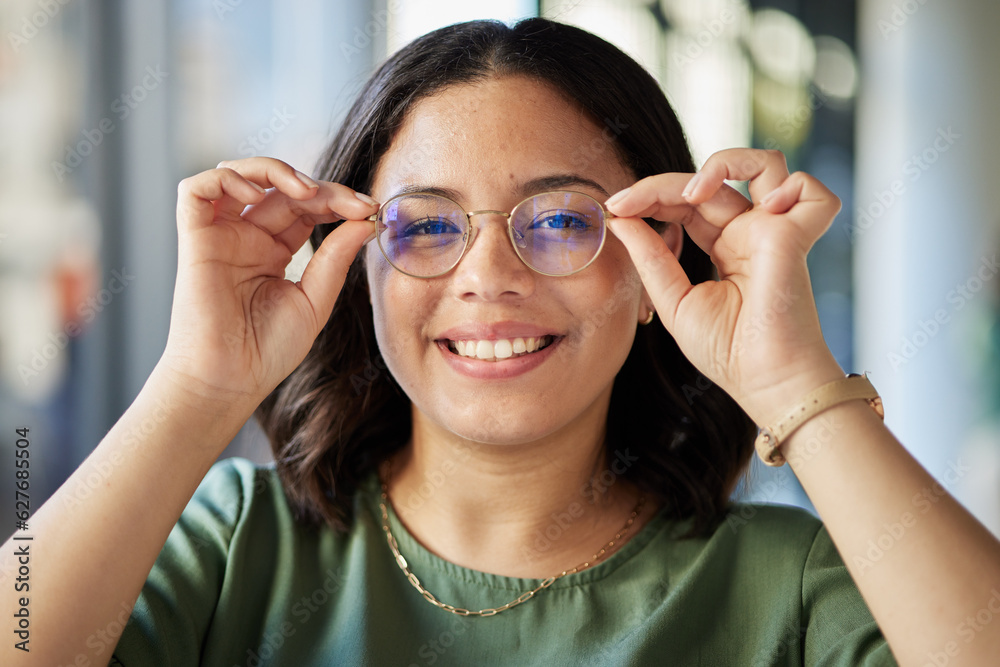 Woman, glasses and portrait with smile, optometry and health with eyes, choice and fashion in store.