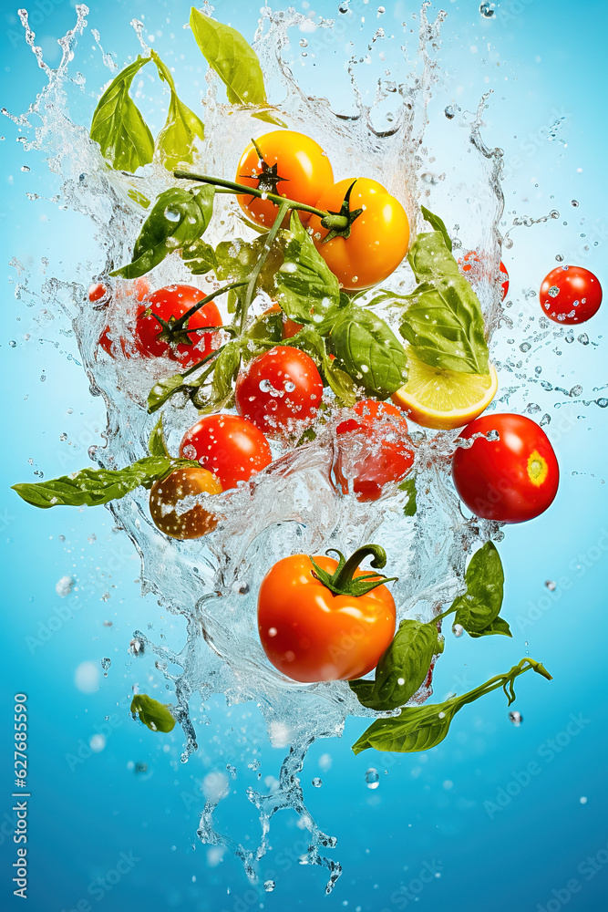 Tomatoes in flight with splashes.