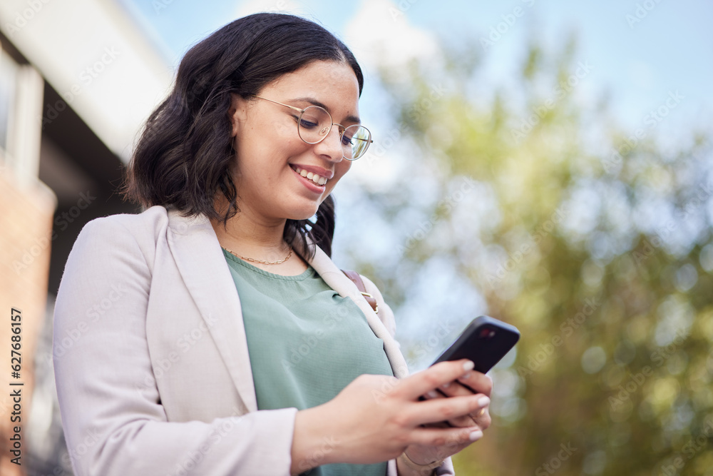 Outdoor, business woman and reading a cellphone for work or communication on website for networking.