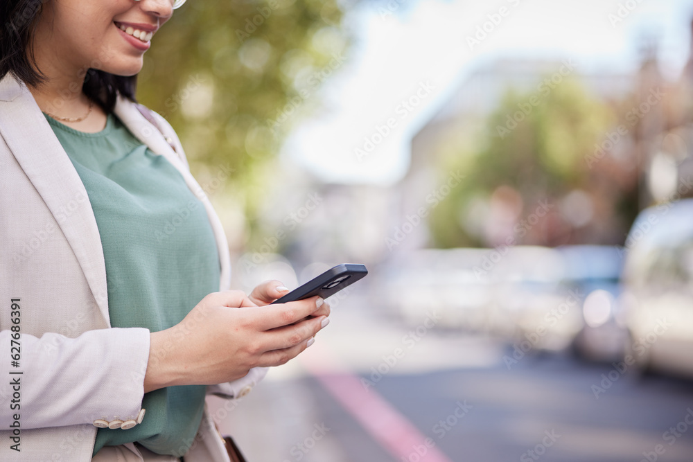 Outdoor, cellphone and business woman with hands for communication on internet in closeup. Professio