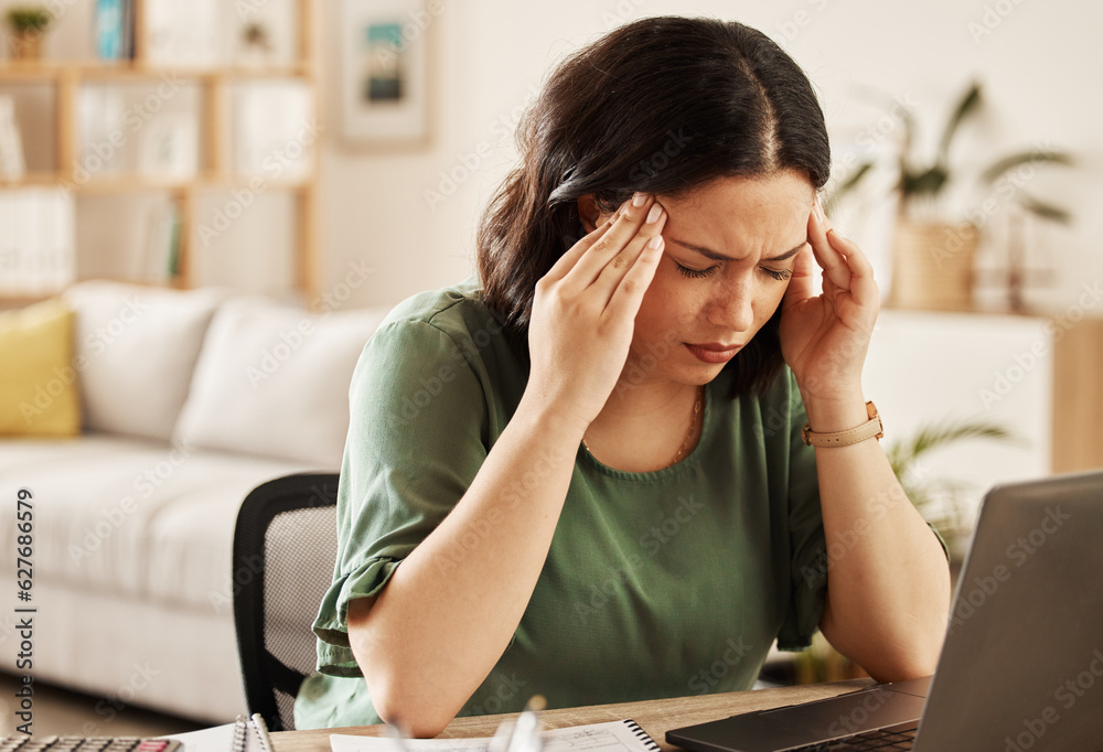 Woman, burnout and headache with laptop and remote work stress at a desk feeling frustrated. House, 