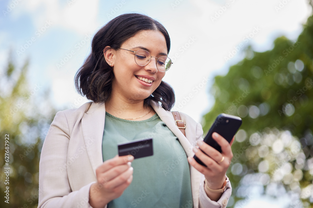 Phone, credit card and woman in city for online shopping, easy business payment and fintech or e com