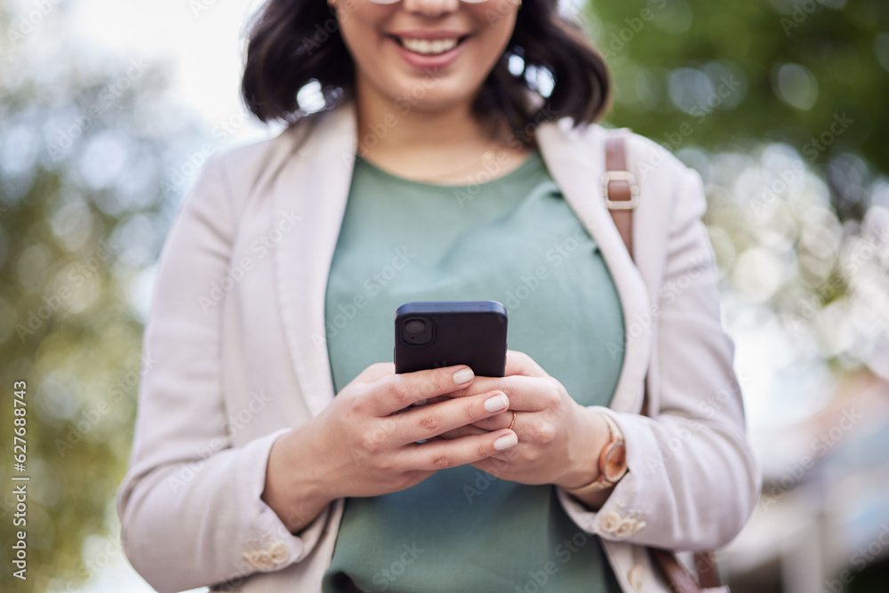 Hands, cellphone and business woman in outdoor for communication on online app or internet. Technolo