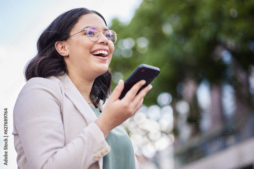 Phone, voice recording and businesswoman in the city on a loudspeaker call walking in the street. Te