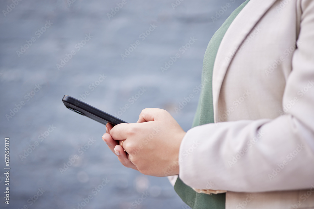 Hands, phone and a person outdoor with communication, internet connection and mobile app. Closeup of