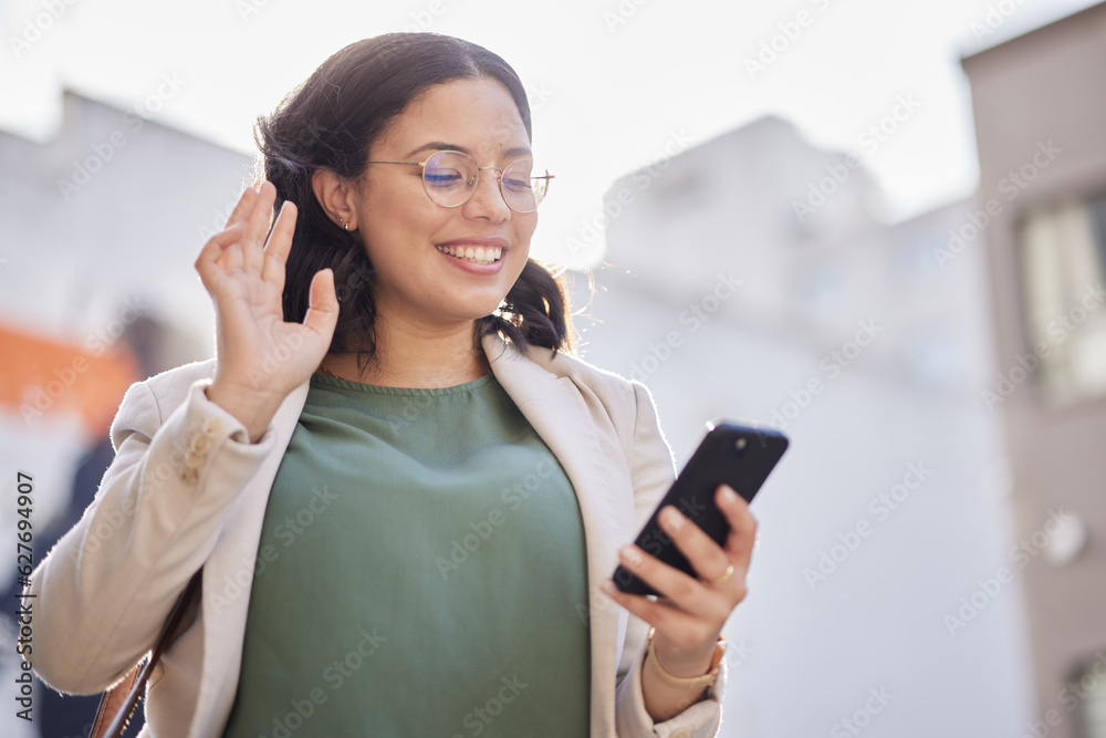 Business, woman and phone with video call in the city and contact with network connection, communica