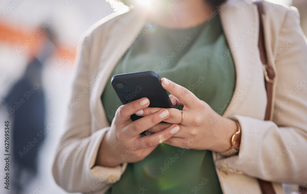 Person, hands and a phone outdoor for communication, internet connection and mobile app. Closeup of 