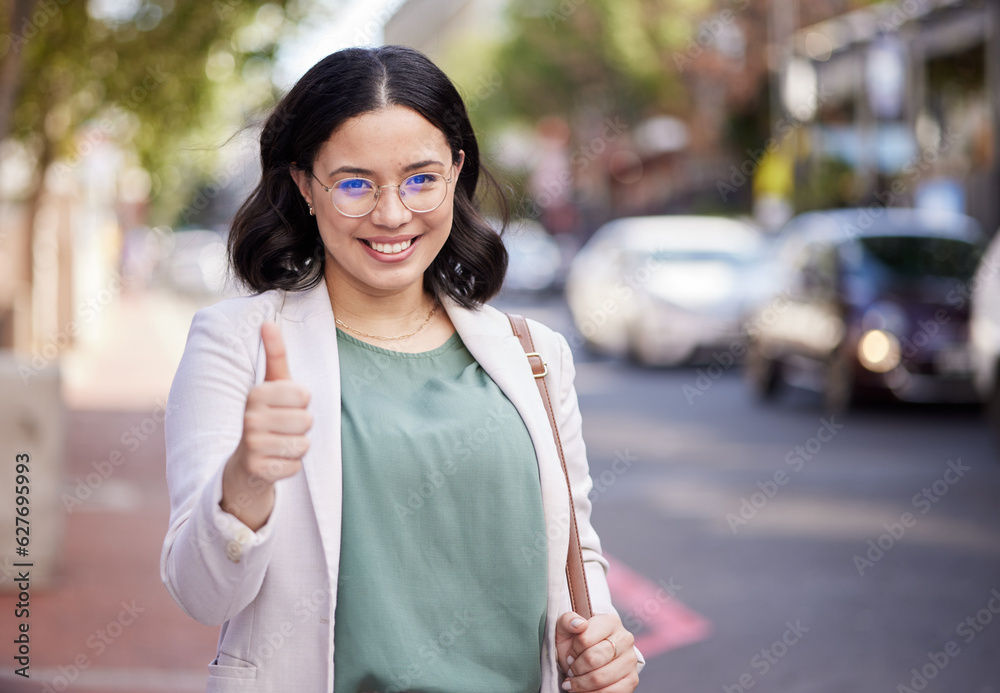 Thumbs up, portrait and business woman in the city, street or professional worker with success, agre