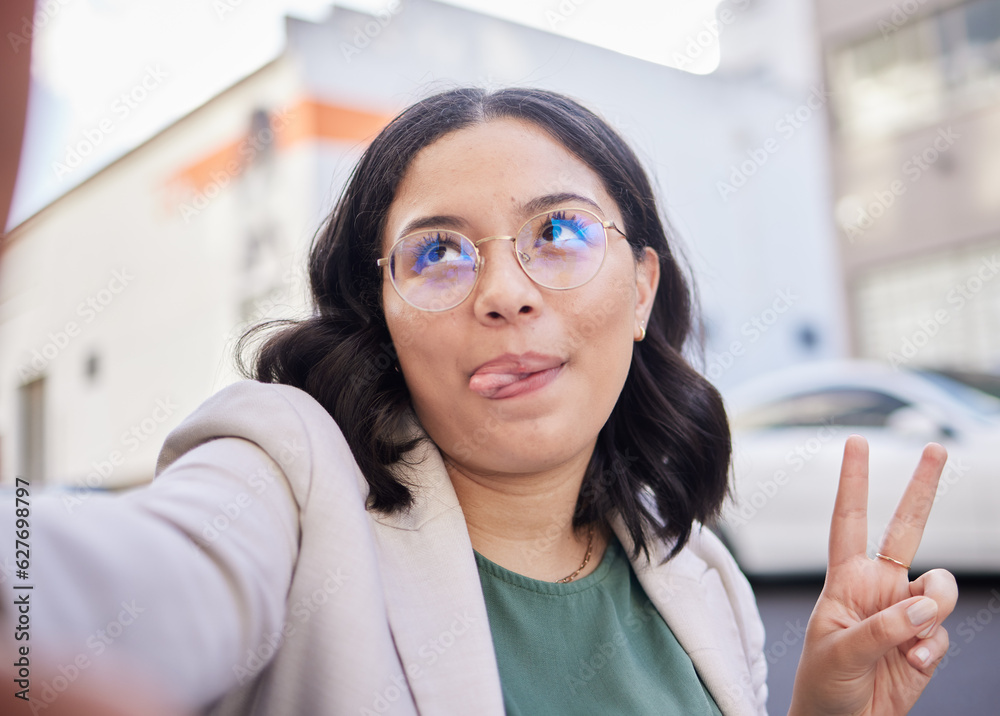 Business woman, selfie and city with peace sign, funny face or glasses for meme, finance career or s