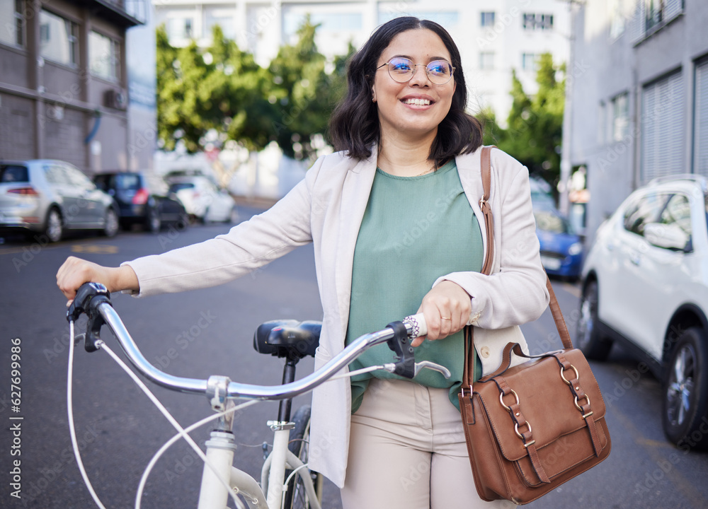 Business woman, bike and thinking in street, city and sustainable travel with smile, ideas and accou