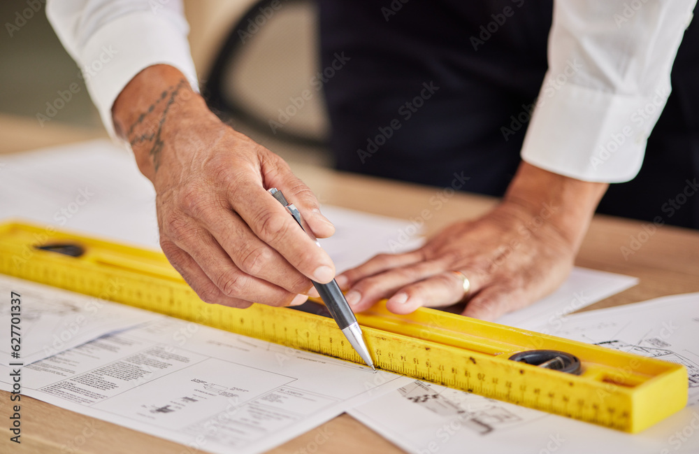 Closeup, hands and architect with blueprint, measurement and planning for new project construction. 