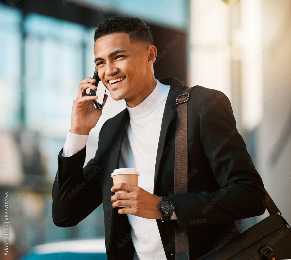 Phone call, coffee and a business man walking in the city on his morning commute for corporate work.