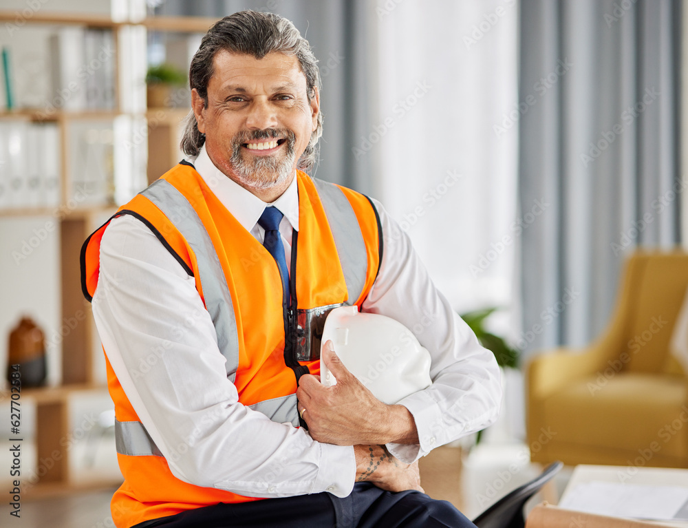 Construction, contractor and portrait of man in office for project management, development and indus