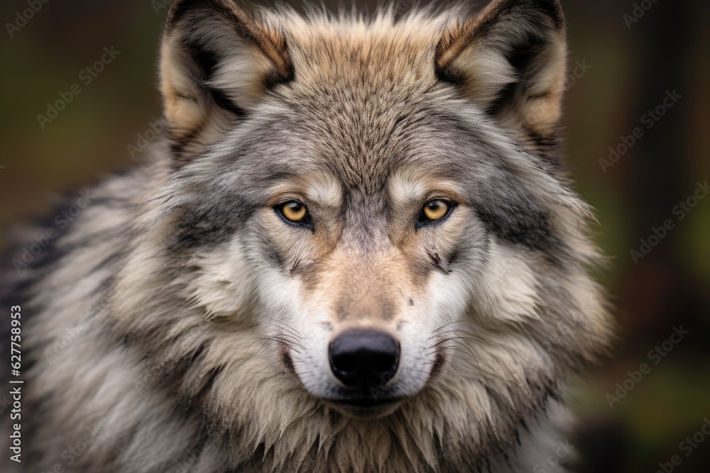 Closeup portrait of a gray wolf Canis lupus, A Grey Wolf staring close up portrait, AI Generated