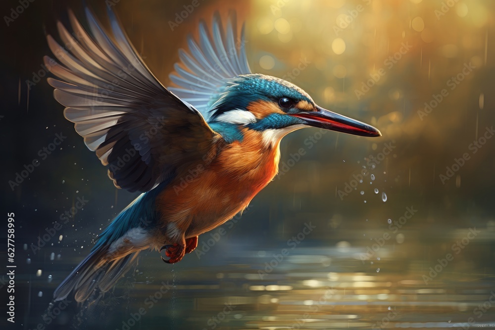 Kingfisher Alcedo atthis in flight. A Kingfisher catching a fish and flying, AI Generated