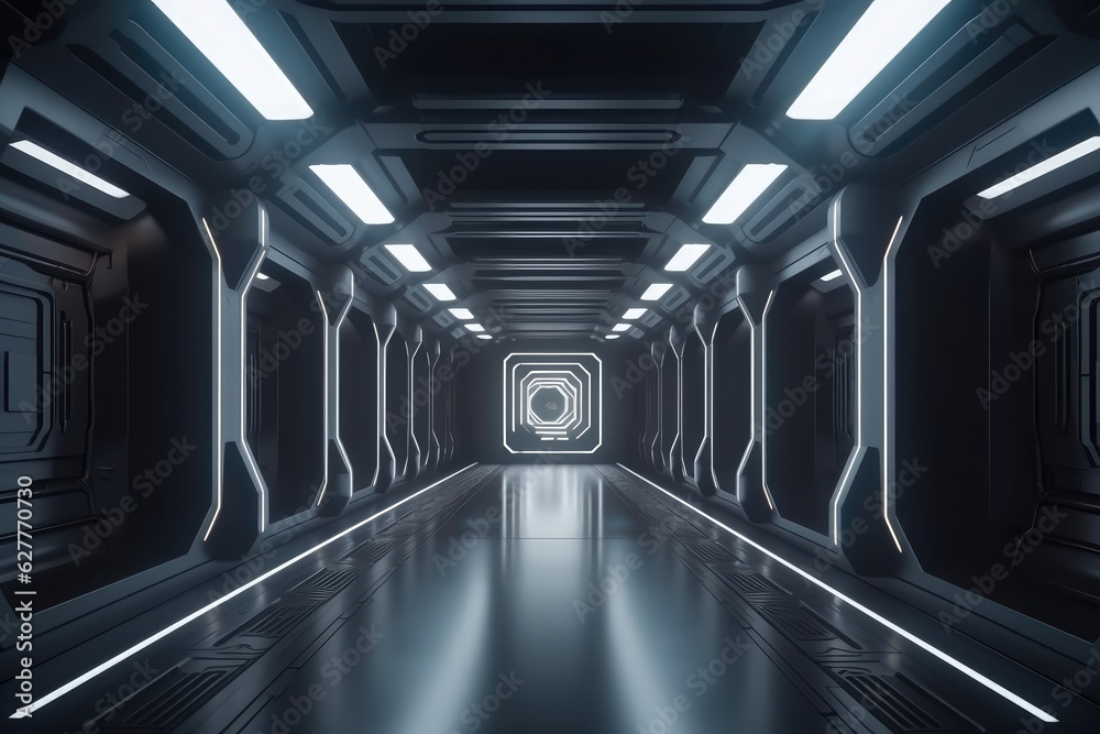 Sci fi corridor concept design and modern future background, generated with AI