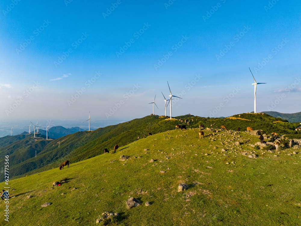 Wind farm on the mountain, blue sky and white clouds