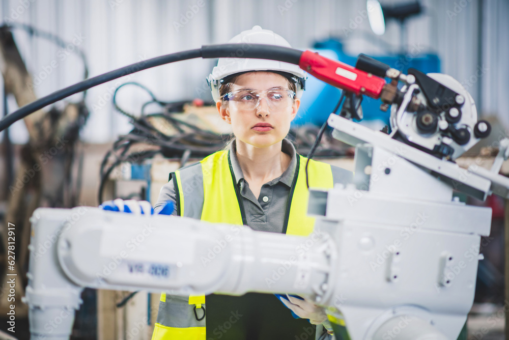 Engineers team mechanic using computer controller Robotic arm for welding steel in steel factory wor